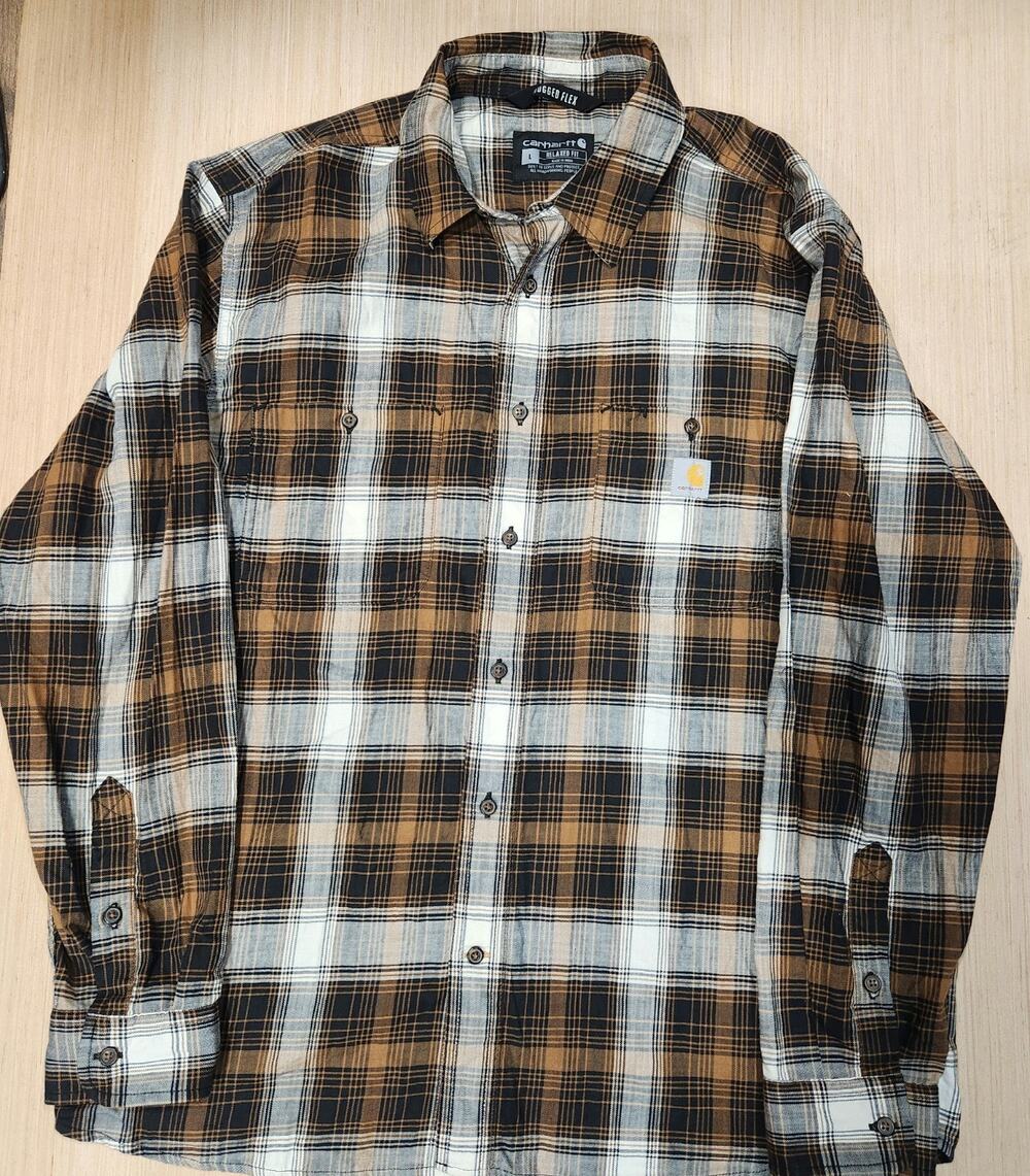 Carhartt Rugged Flex Plaid Shirt Men’s L Brown Black Cream Relaxed Fit Work